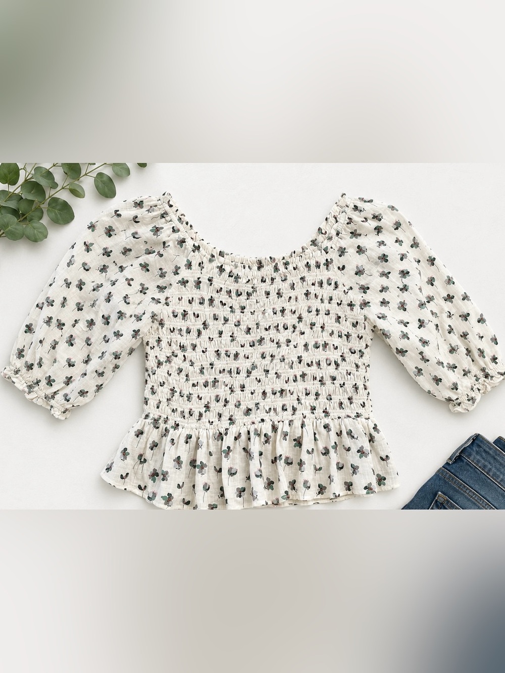 LOFT Cream Smocked Peplum Top with Green Floral Print